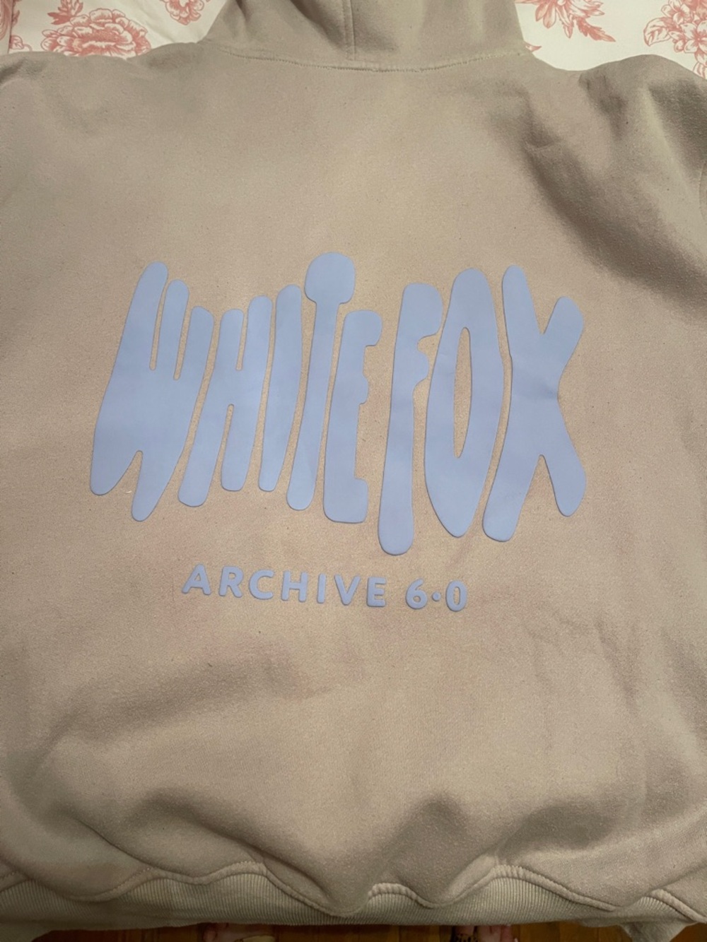 White Fox Boutique Beige Hoodie with Light Blue Logo